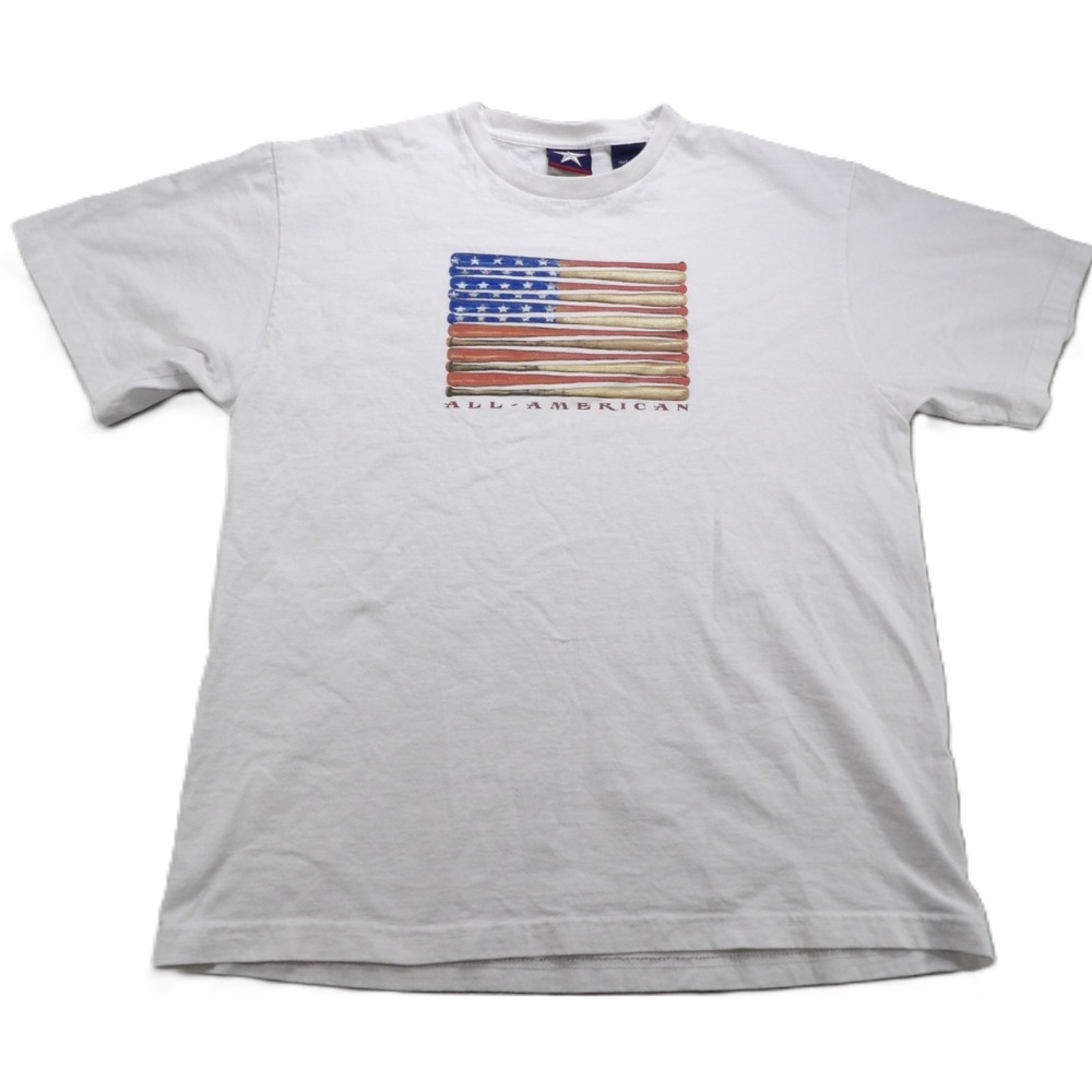 VTG Baseball Bats USA Flag T Shirt Cotton Men‎ L White All American Graphics 90s
